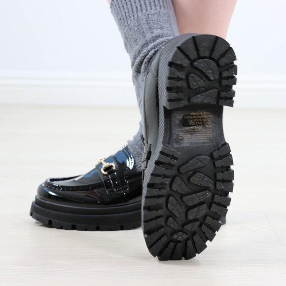 Black Patent Horsebit Loafers Chunky Platform Lug Sole Slip-Ons Modern Academia - Picture 16 of 16